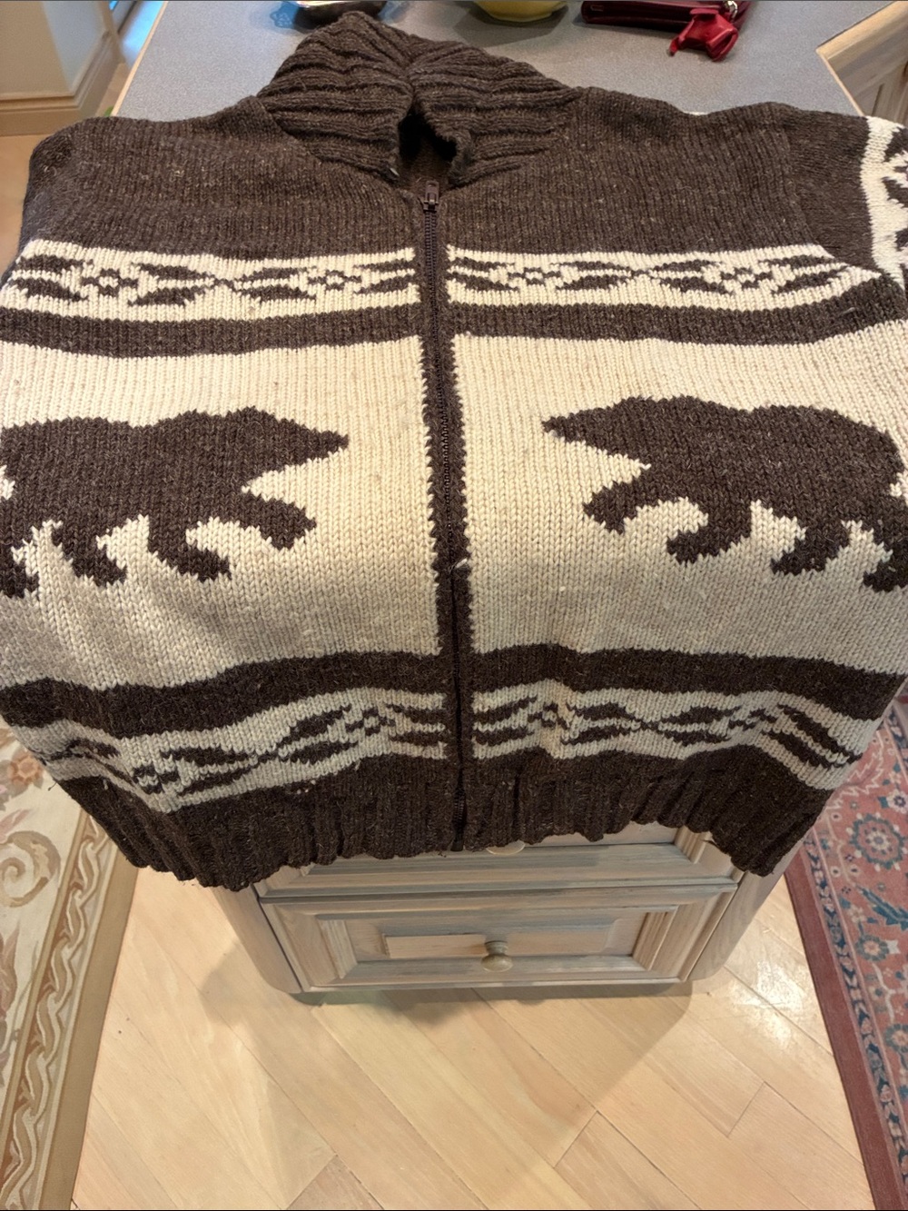 Men's Brown & Cream Zip-Up Knit Jacket with Bear Motif
